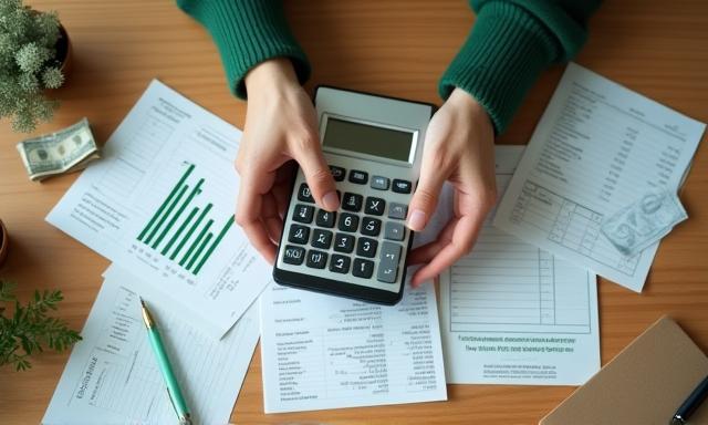 Persona revisando deudas y presupuestos con calculadora