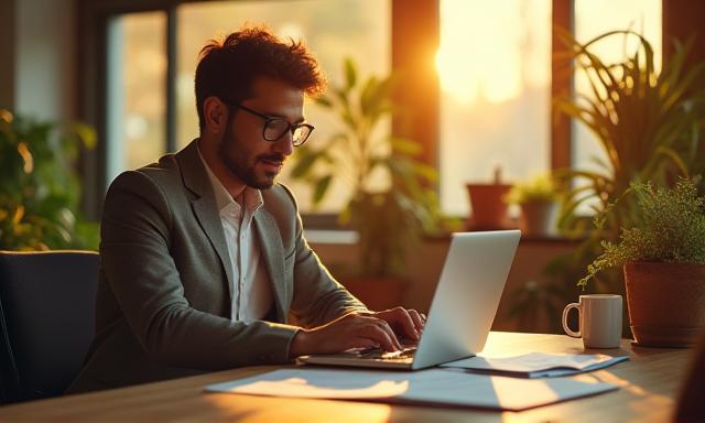 Emprendedor mexicano sonriente con laptop y planes