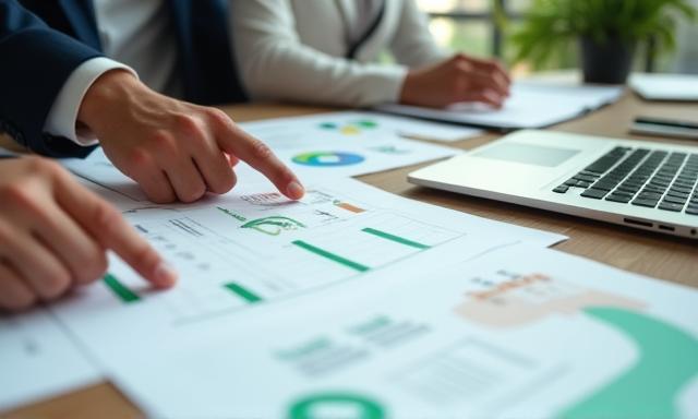 Manos de empresarios revisando planes de inversión para PYME