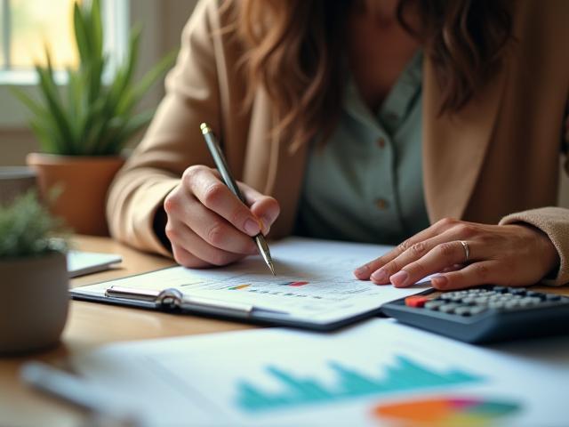 Emprendedor analizando sus finanzas con gráficos y calculadora