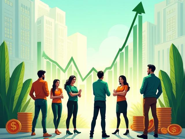 Ilustración de inversiones en la Bolsa Mexicana con gráfico ascendente y monedas