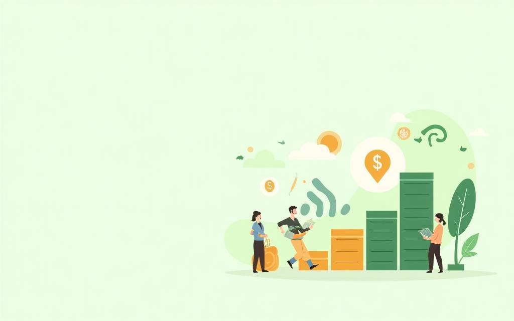 Ilustración de finanzas personales en México, mostrando personas gestionando su dinero con gráficos y billetes mexicanos en un entorno cálido y educativo
